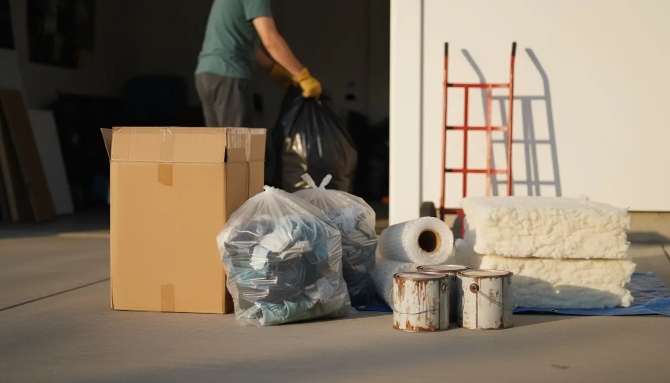 Sammenstillet indkørsel med sammenfoldede papkasser, poser med gammelt tøj, bobleplast, isoleringsbatts og malerbøtter klar til bortskaffelse.