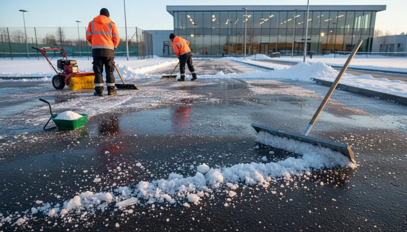 Arbejder rydder sne og spreder salt på en parkeringsplads og adgangsvej til en tennishal.