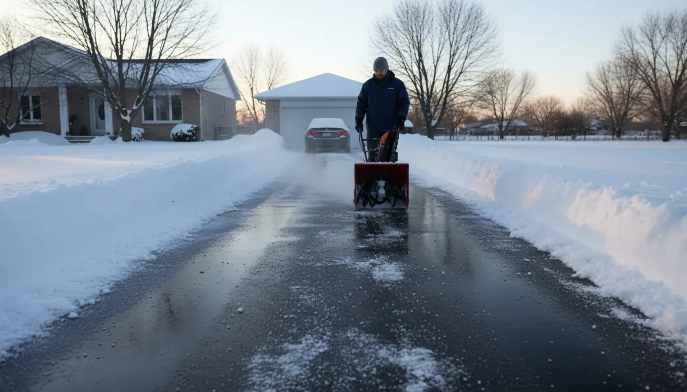 Lang indkørsel ryddet for sne med en snerydder og høje snemure langs kanterne.