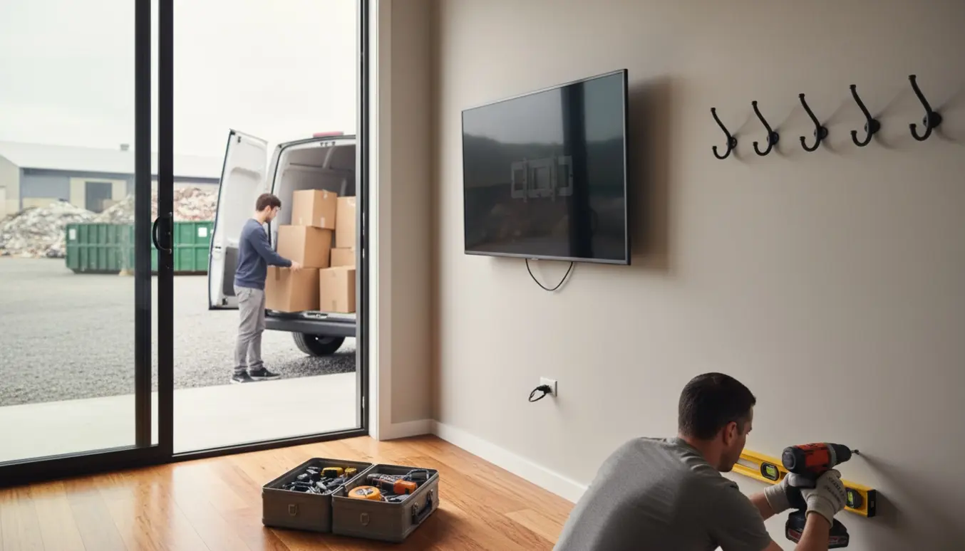 TV og fire knager monteret på væg med værktøj i forgrunden og flyttekasser læsset i varevogn.