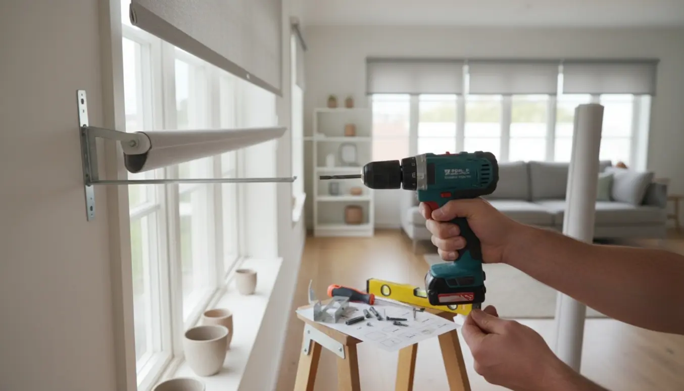 Hænder med en kraftig skruemaskine monterer løse beslag til rullegardiner ved et vindue i en lys stue.