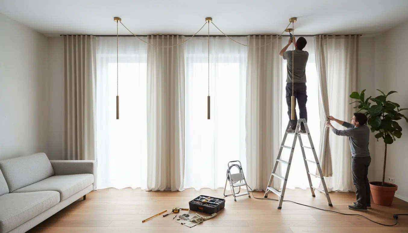 Installatører hænger lange gardiner og pendellamper i en lejlighed med meget højt til loftet.