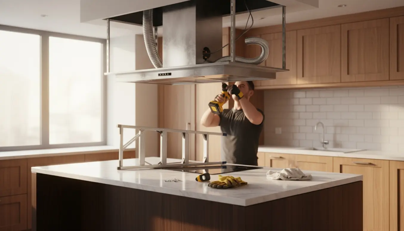 Installatørens hænder monterer en indbygget loft-emhætte over en køkkenø.