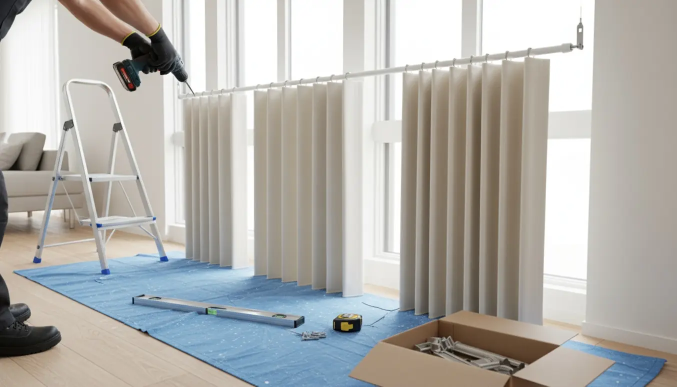 Montør genmonterer 10–15 foldegardiner langs et vinduesparti med værktøj og malerplast omkring.