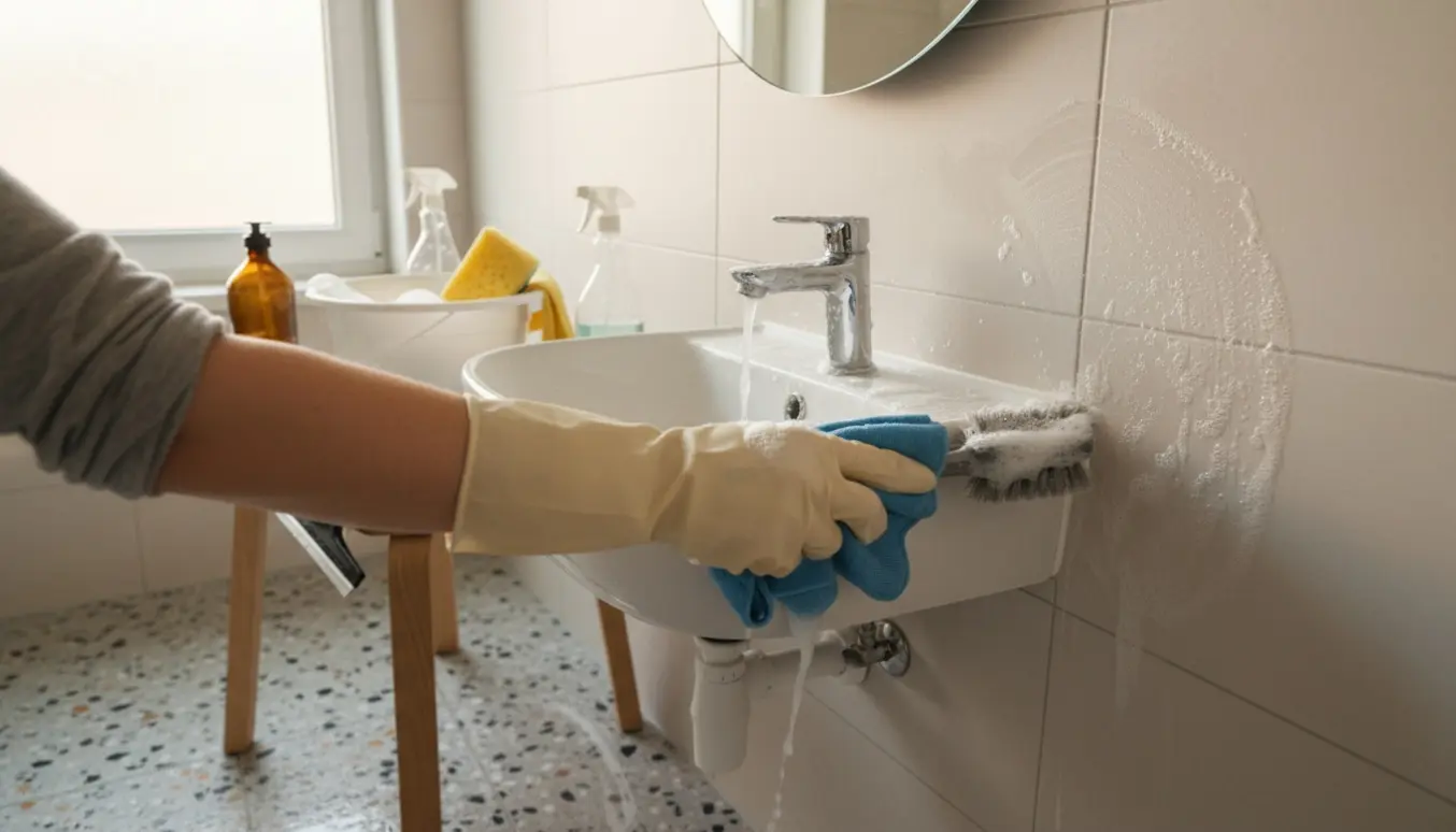 Handsker skrubber kalk af fliser og krom i et lille badeværelse med terrazzo gulv.