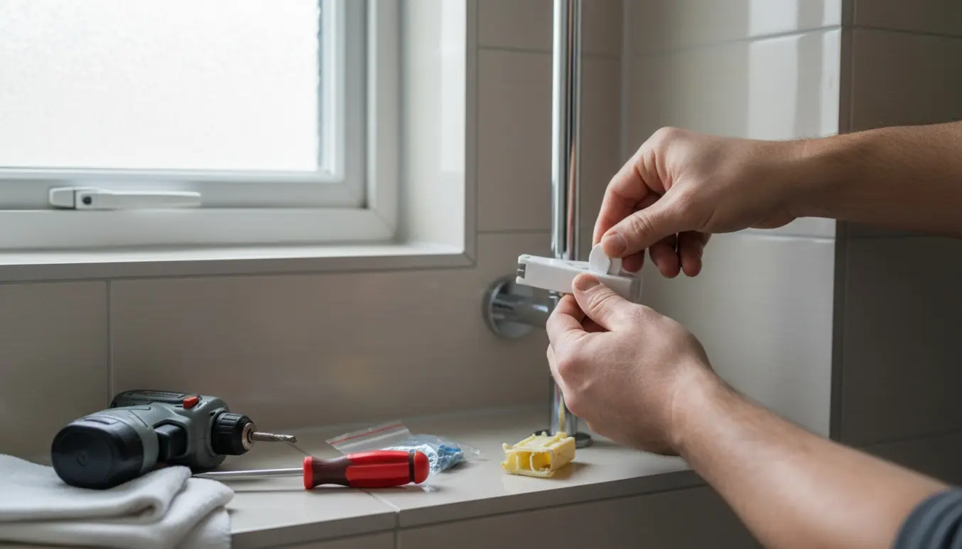 Hænder monterer en ny bruseslider på en krom stang på flisevæggen.