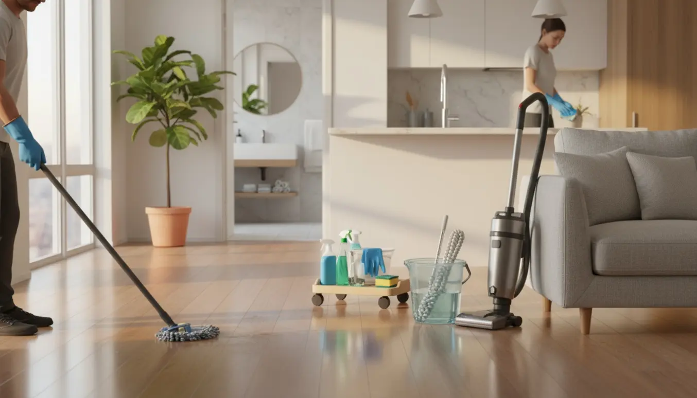 Lyse lejlighedsstue med rengøringsudstyr, en person mopper gulvet og tørrer overflader af.