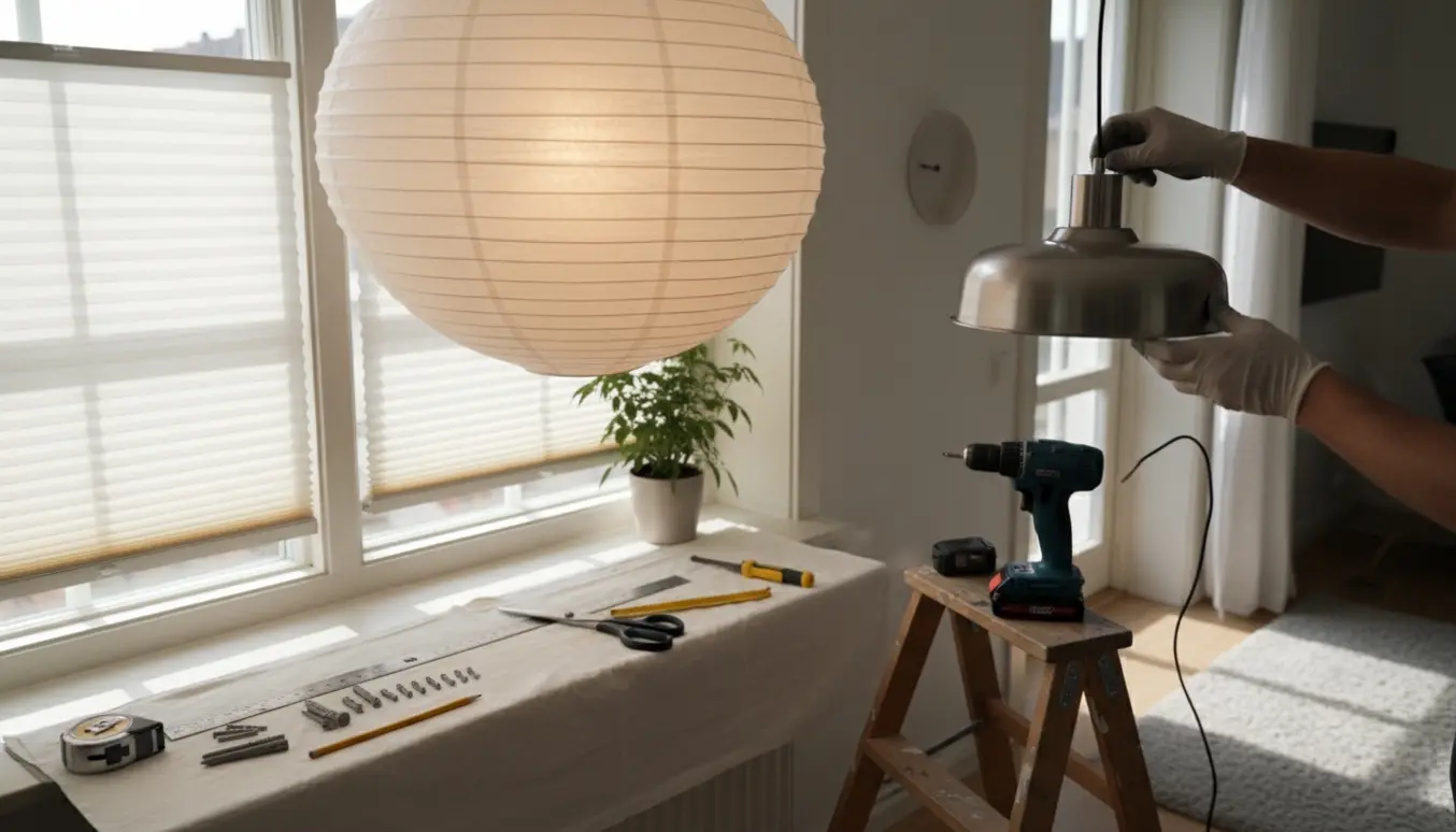 Hænger to lamper op og måler/tilskærer et plissegardin i et lyst stuevindue.