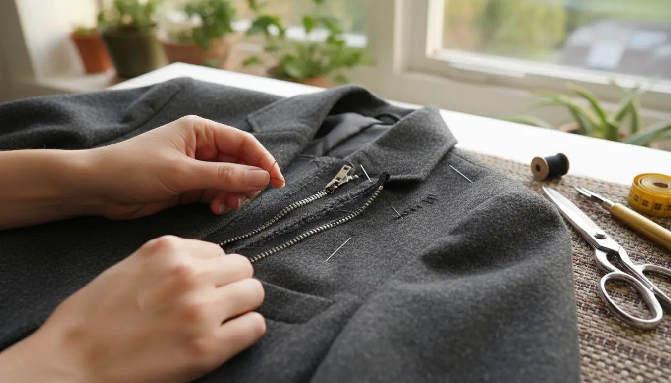Nærbillede af hænder, der monterer en ny lynlås i en jakke ved et lyst arbejdsbord.