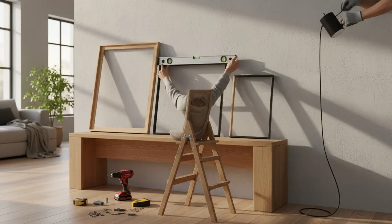 Nærbillede af hænder, der markerer væg og monterer en lampe, mens billedrammer står klar i en lys stue.