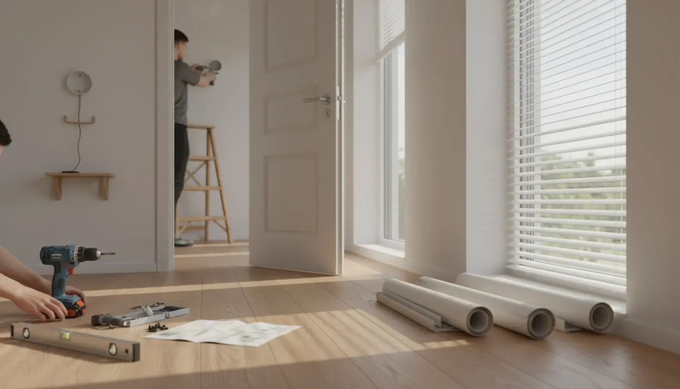 Hænder monterer persienner og vægmonterede elementer i et lyst rum med værktøj fordelt på gulvet.