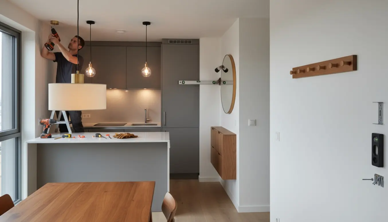 Håndværker hænger loftlamper, spejl, knagerække og skoskab op i en moderne lejlighed.