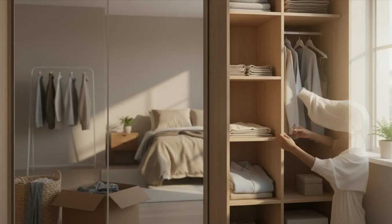 Hænder lægger foldet tøj i et åbent klædeskab i to tilstødende værelser badet i naturligt lys.