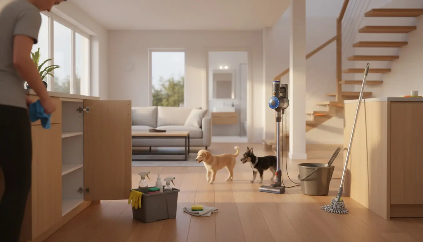 Rengøringshjælp tørrer køkkenskabe af i et lyst open-plan hjem med støvsuger ved trappen og to små hunde på gulvet.
