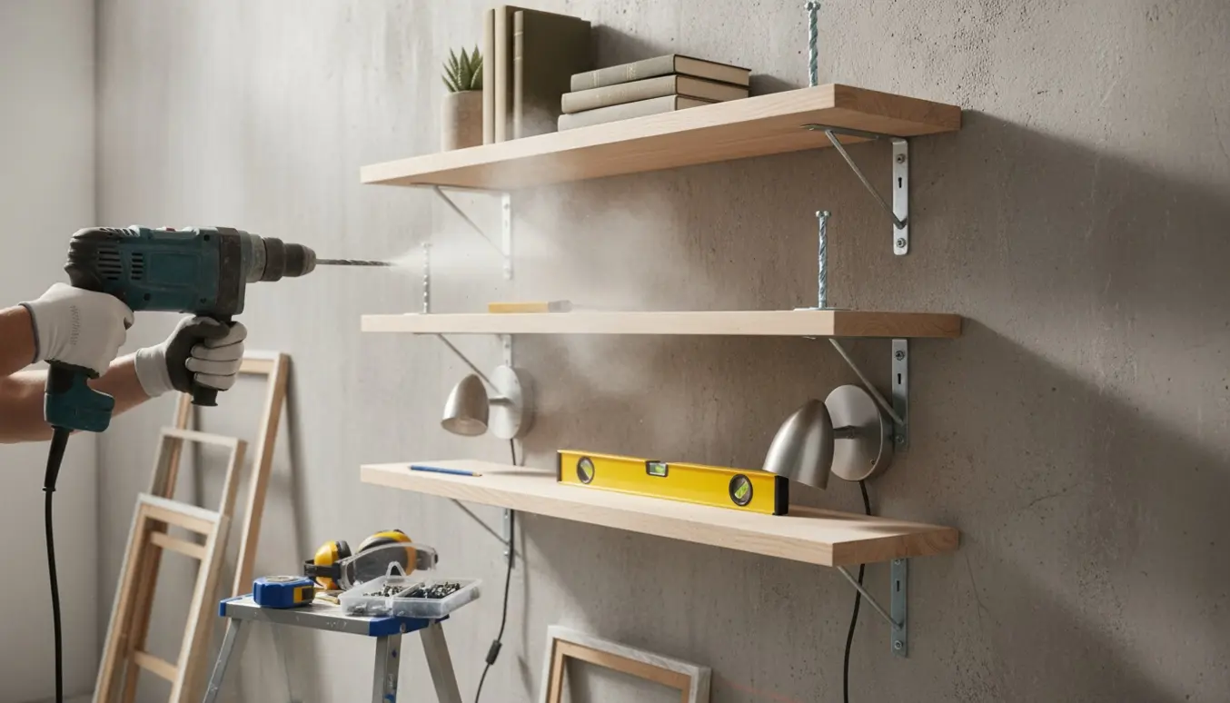 Handskerede hænder borer i en rå betonvæg mens tre hylder, billedrammer og væglamper er ved at blive ophængt.
