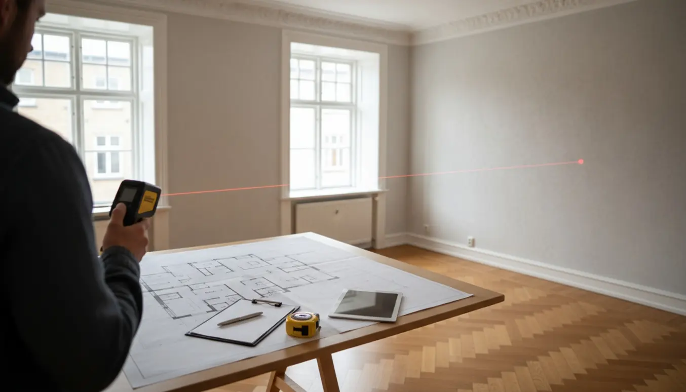 Tekniker måler et rum i en Frederiksberg-lejlighed med en laser, mens plantegning og værktøj ligger på et bord.