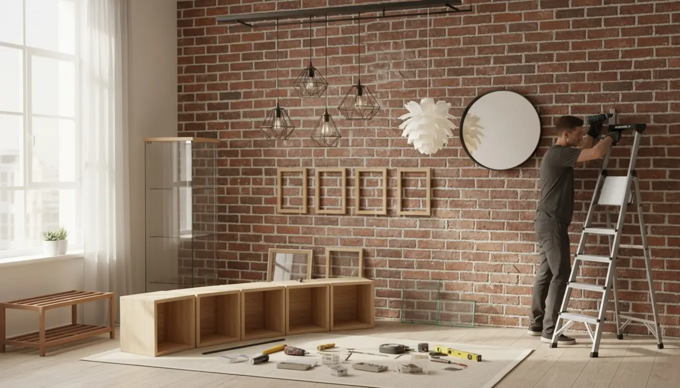 Hænder hænger lamper og reoler op på en murstensvæg med stige og boremaskine.