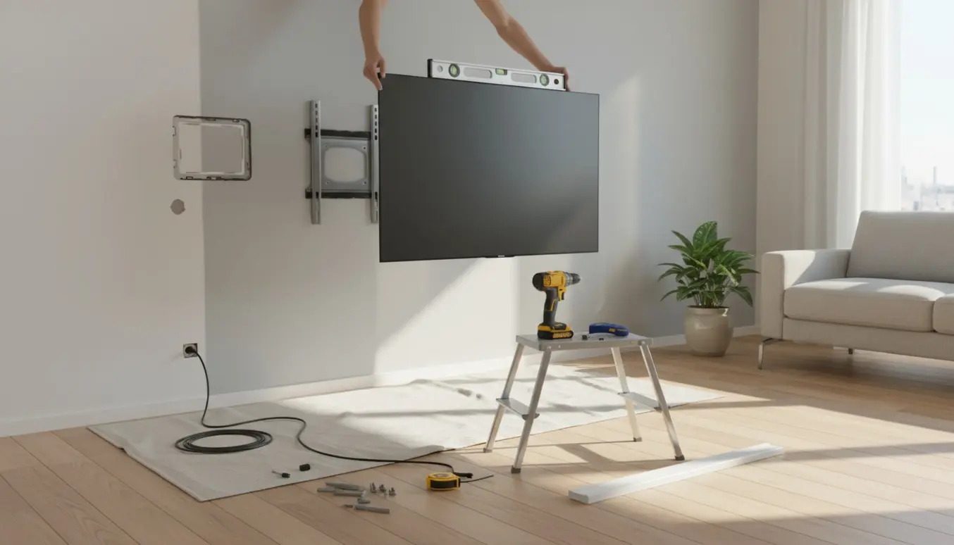 Tv flyttes fra én væg til en anden i en stue med værktøj og beslag klar.