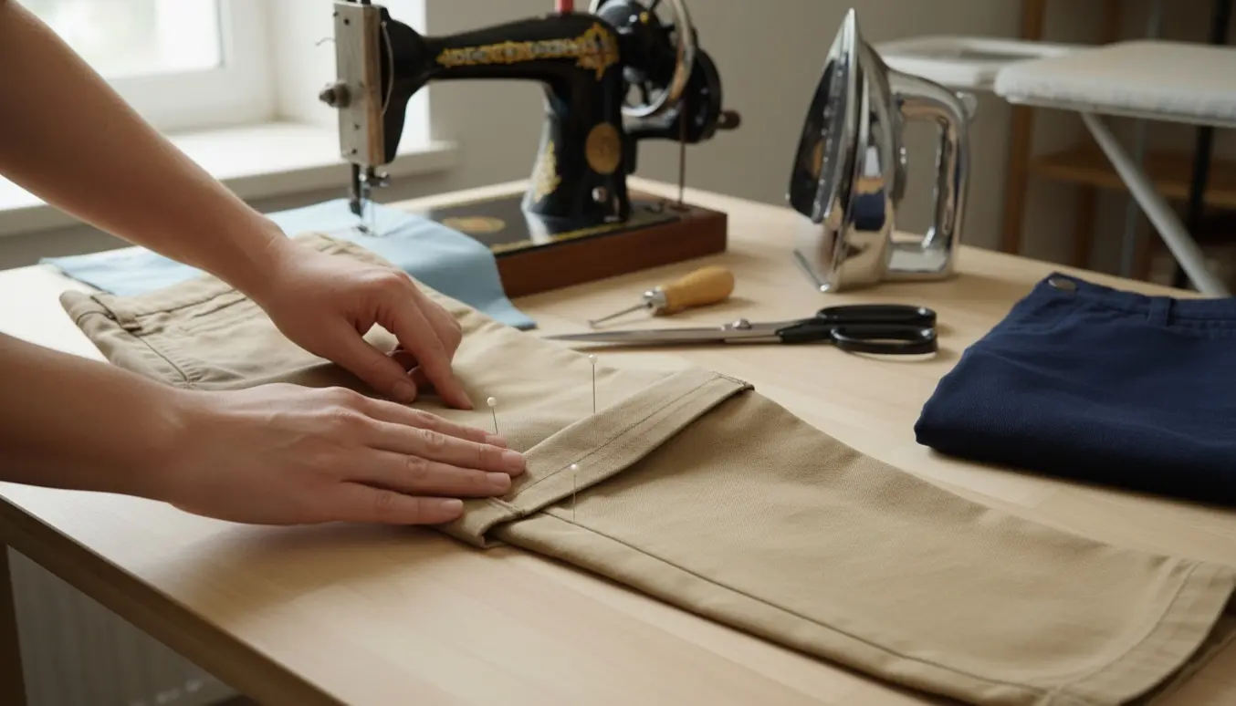 Nærbillede af hænder, der lægger et par drengebukser op med knappenåle, kridt og symaskine i blødt dagslys.