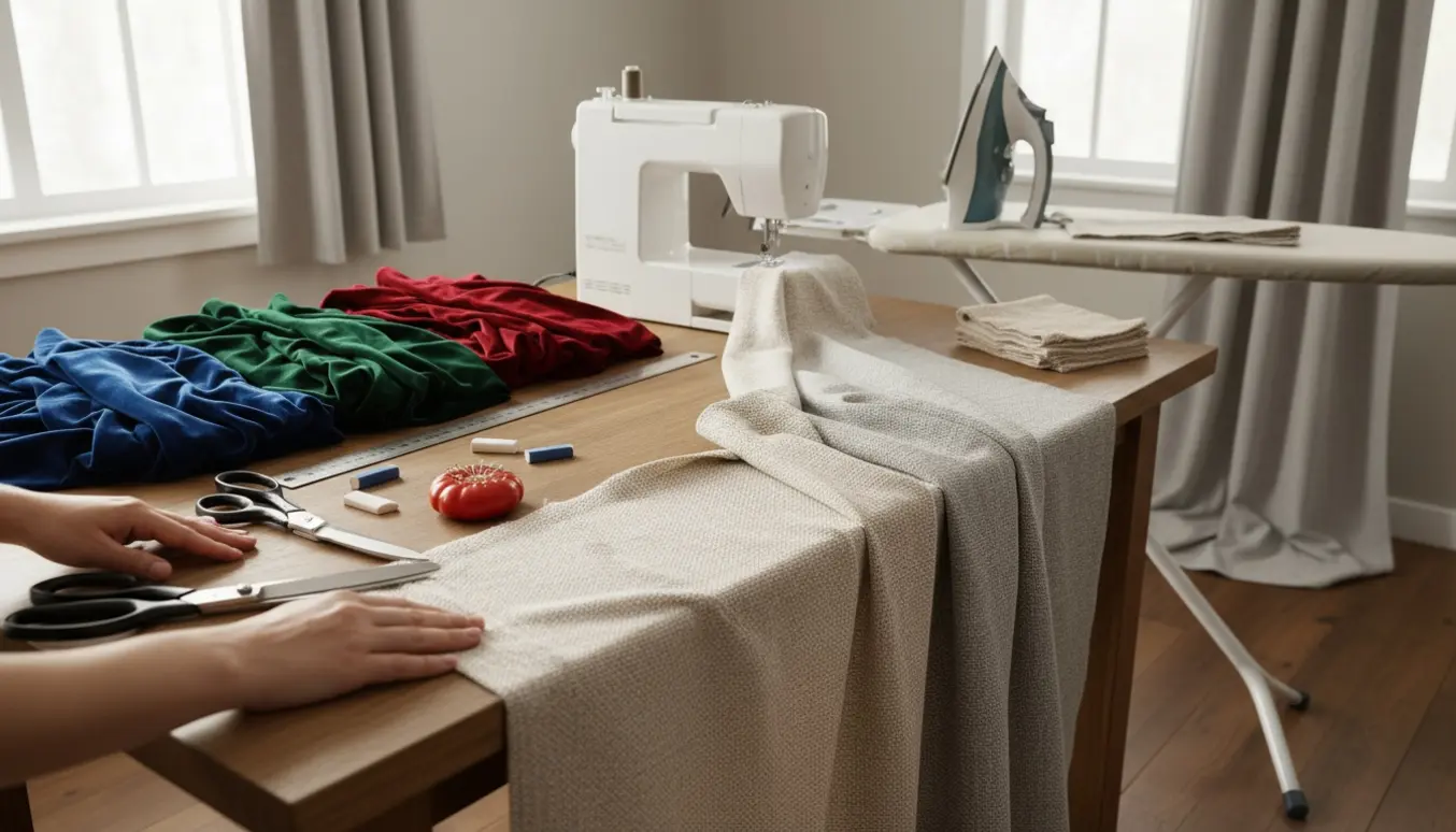 Et sympelet snedkerbord ved et vindue med velourgardiner og bomuldsgardiner, symaskine, sakse og hæfteapparat klar til forkortning.