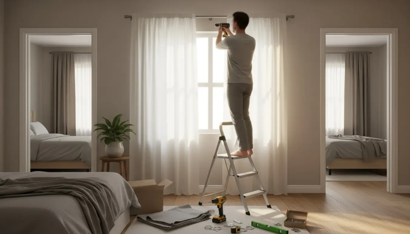 En person monterer gardiner i ét soveværelse, mens to tilstødende værelser allerede har gardiner hængt op.