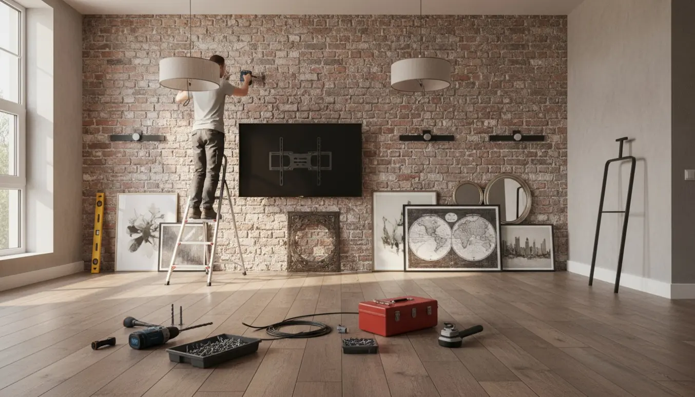 Håndværker monterer et fladskærms-tv på en murstensvæg med værktøj, lamper og billeder klar til ophæng.