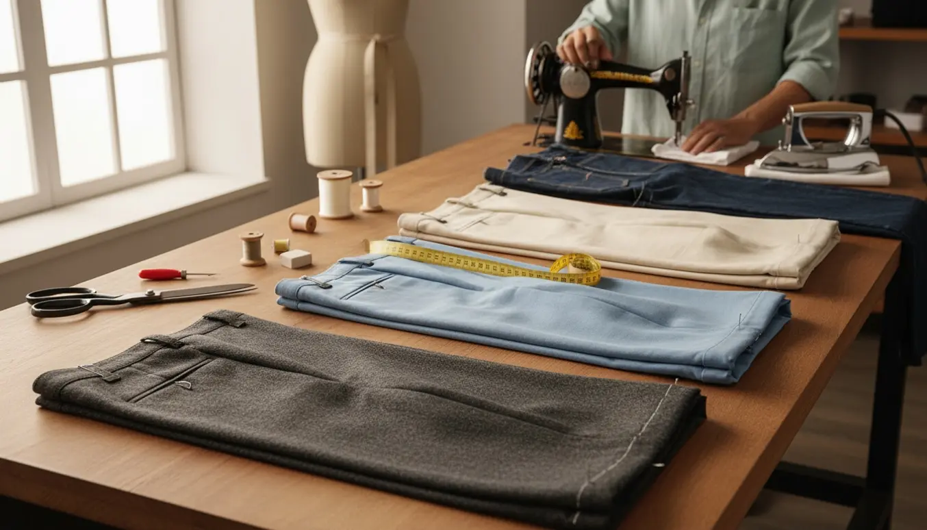 Fire nye bukser bliver målt og lagt op ved en symaskine med målebånd og skrædderredskaber.