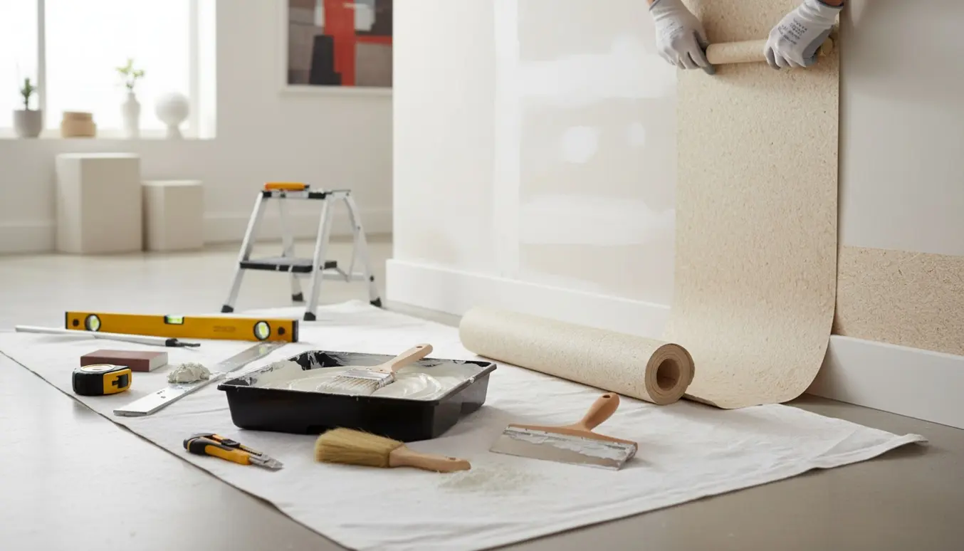 Værktøj og hænder i gang med at spartle og sætte savsmuldstapet op på en enkelt væg.