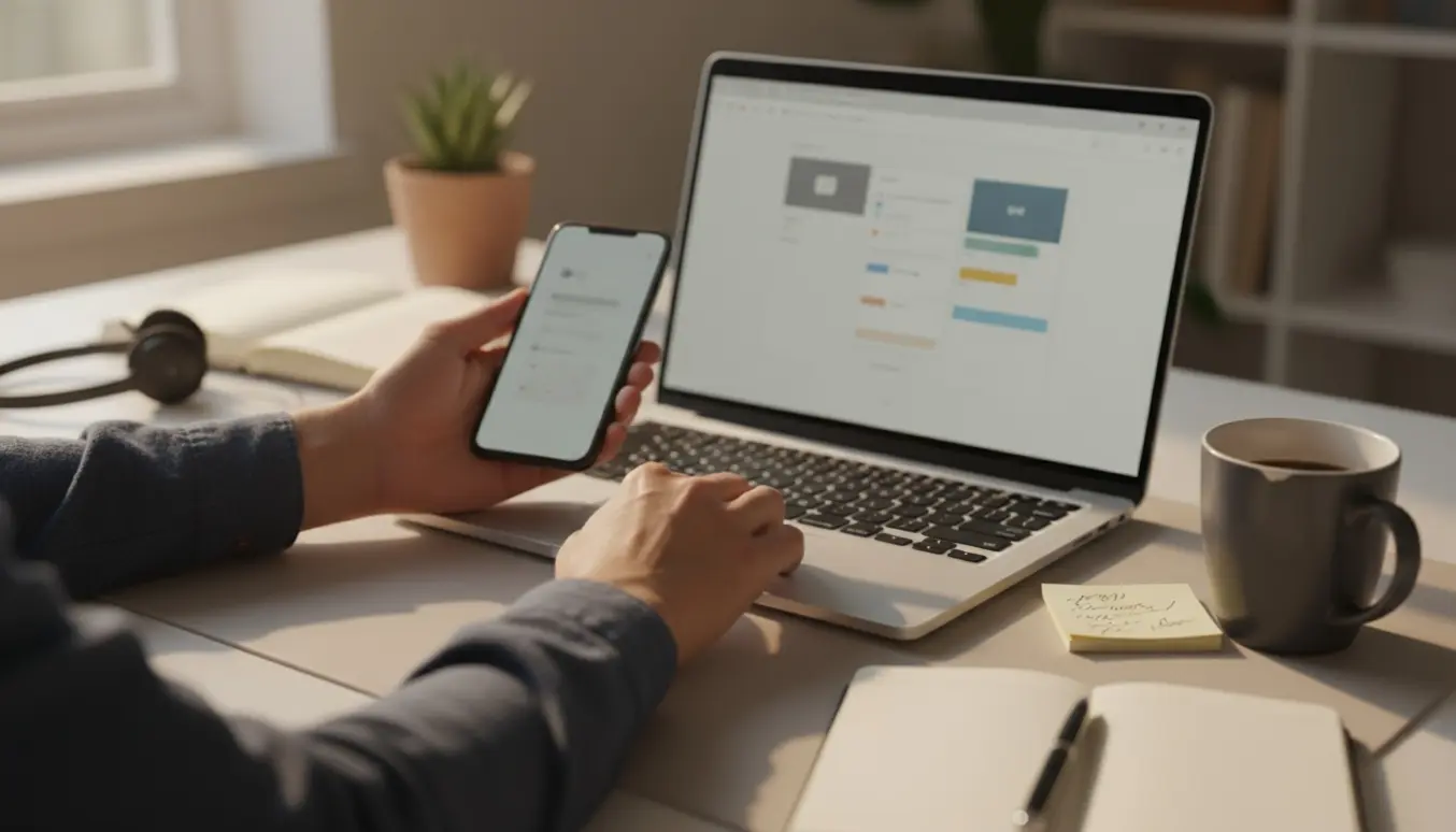 Nærbillede af hænder ved en bærbar og smartphone i et hjemmekontor, mens de forsøger at gendanne adgang til deres e‑mail.