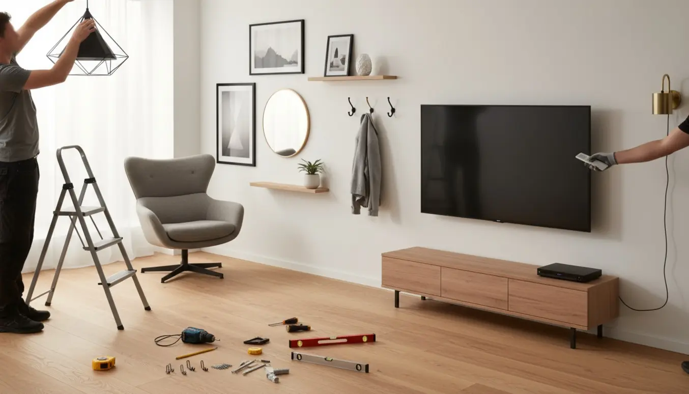 Hænder monterer loftlampe og vægmonteret TV i en moderne stue med billeder, spejl, hylder og knage på væggen.