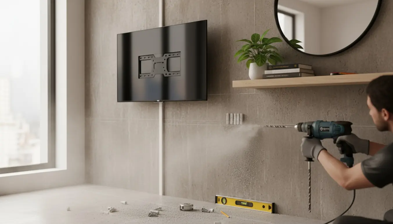 Nærbillede af montagearbejde på betonvæg med boremaskine, vægmonteret fladskærm, ledningsskjuler, hylde og spejl.