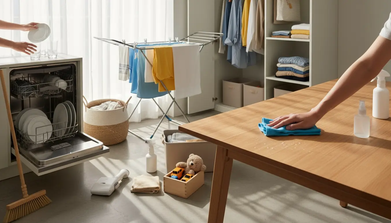 Hænder rydder og ordner en solbeskinnet lejlighed med opvask, vasketøj og legetøj.