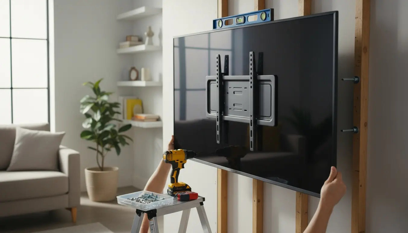 Håndværker monterer et 65-tommer TV på væg med ophængningsbeslag og værktøj i et lyst stueinteriør.