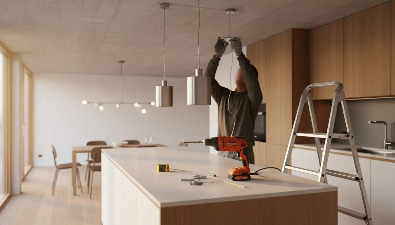 Opsætning af tre pendellamper over et køkkenø med stige og boremaskine klar.