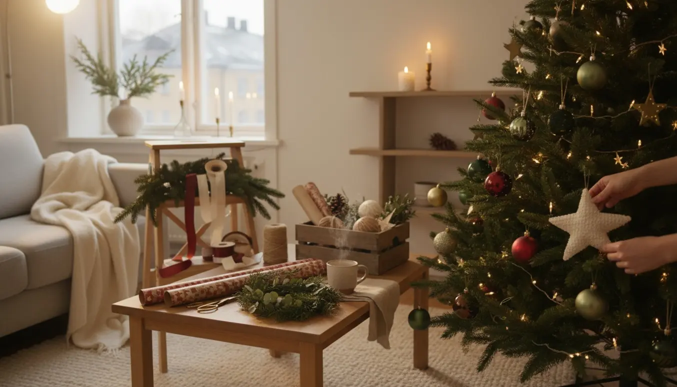 Hygge i en skandinavisk stue: hænder pynter et juletræ med guirlander og julekugler.
