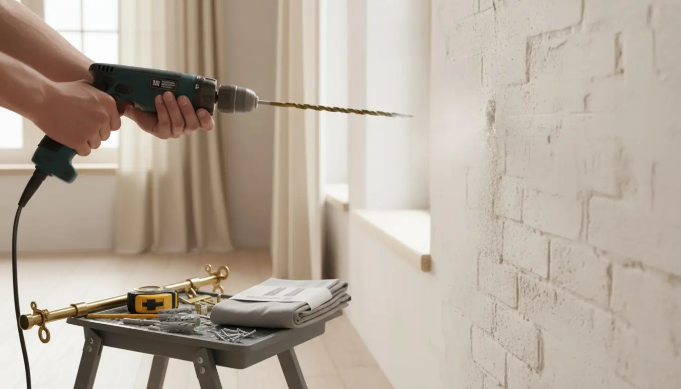 Hænder på en stige bruger slagbor til at bore i murvæg for at montere en gardinstang, med rawlplugs og gardinværktøj tæt ved.