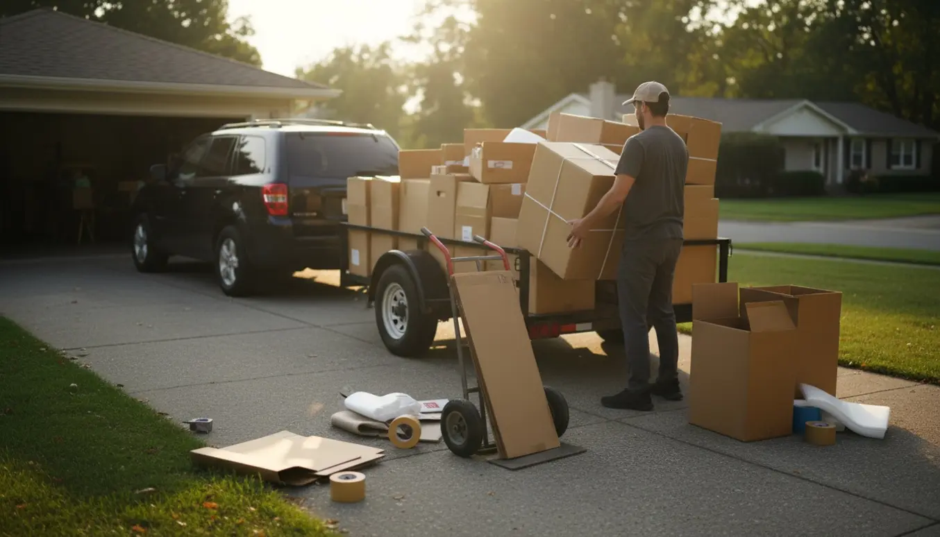 Person læsser sammenfoldede papkasser og emballage ind i en trailer på en opkørsel.