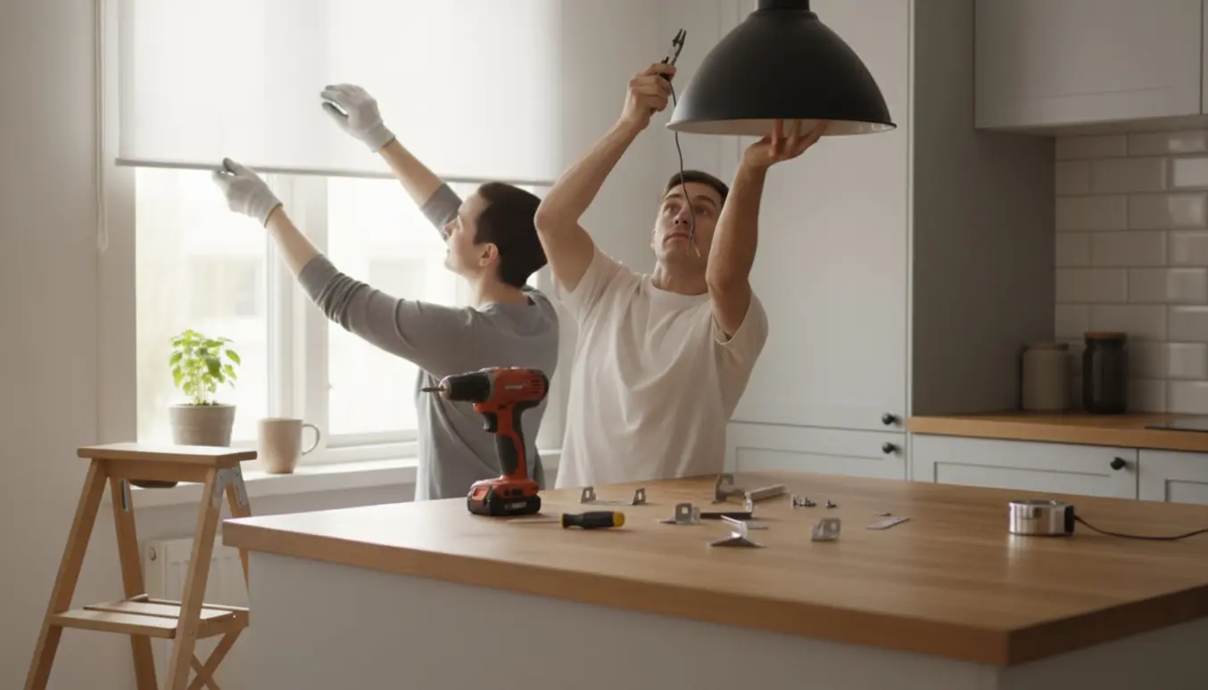 Hænder monterer et rullegardin ved et køkkenvindue, mens en pendellampe sættes op over køkkenøen.