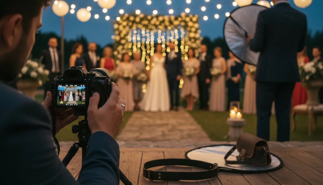Fotograf tager aftenbillede af en vielse under lyskæder, med kamera i forgrunden og brudepar i blød bokeh.