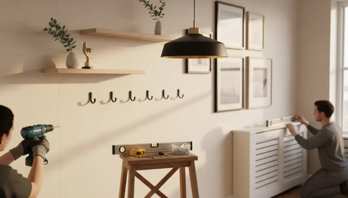 Hænder monterer hylder, knager, lampe, billeder og en radiatorskjuler i en lys stue.