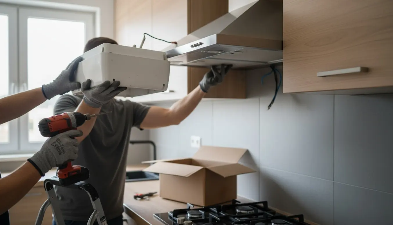 Håndværkere fjerner en gammel emhætte og monterer en ny rustfri stål-emhætte i et moderne køkken.