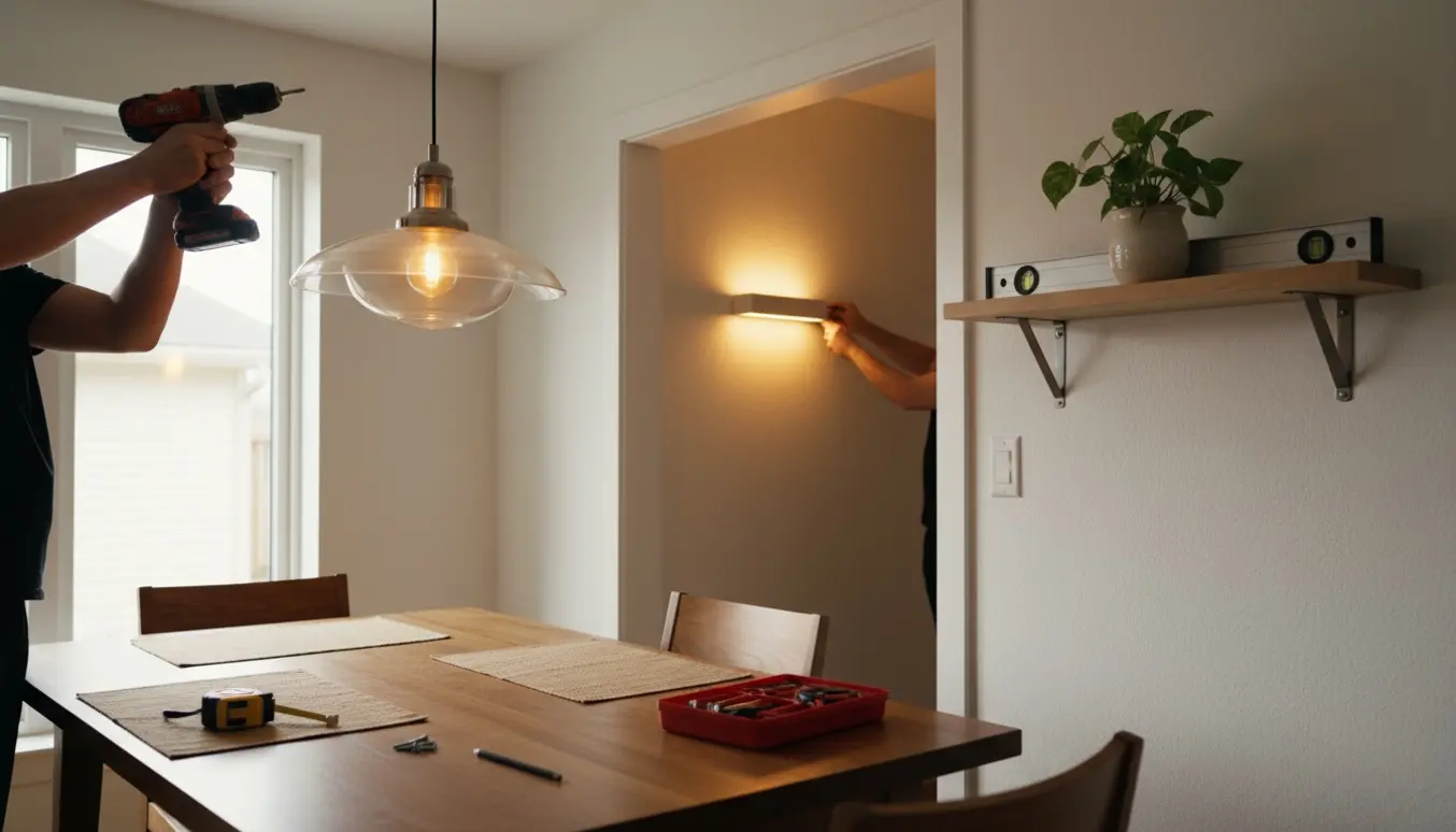 Hænder monterer en pendel over spisebordet, sætter en lille væghylde op og justerer en ganglampe.