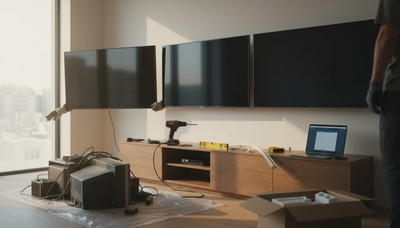 Installatør monterer tre nye fladskærme på væggen i en lys, ryddelig stue mens gamle tv-skærme ligger i en bunke i baggrunden.