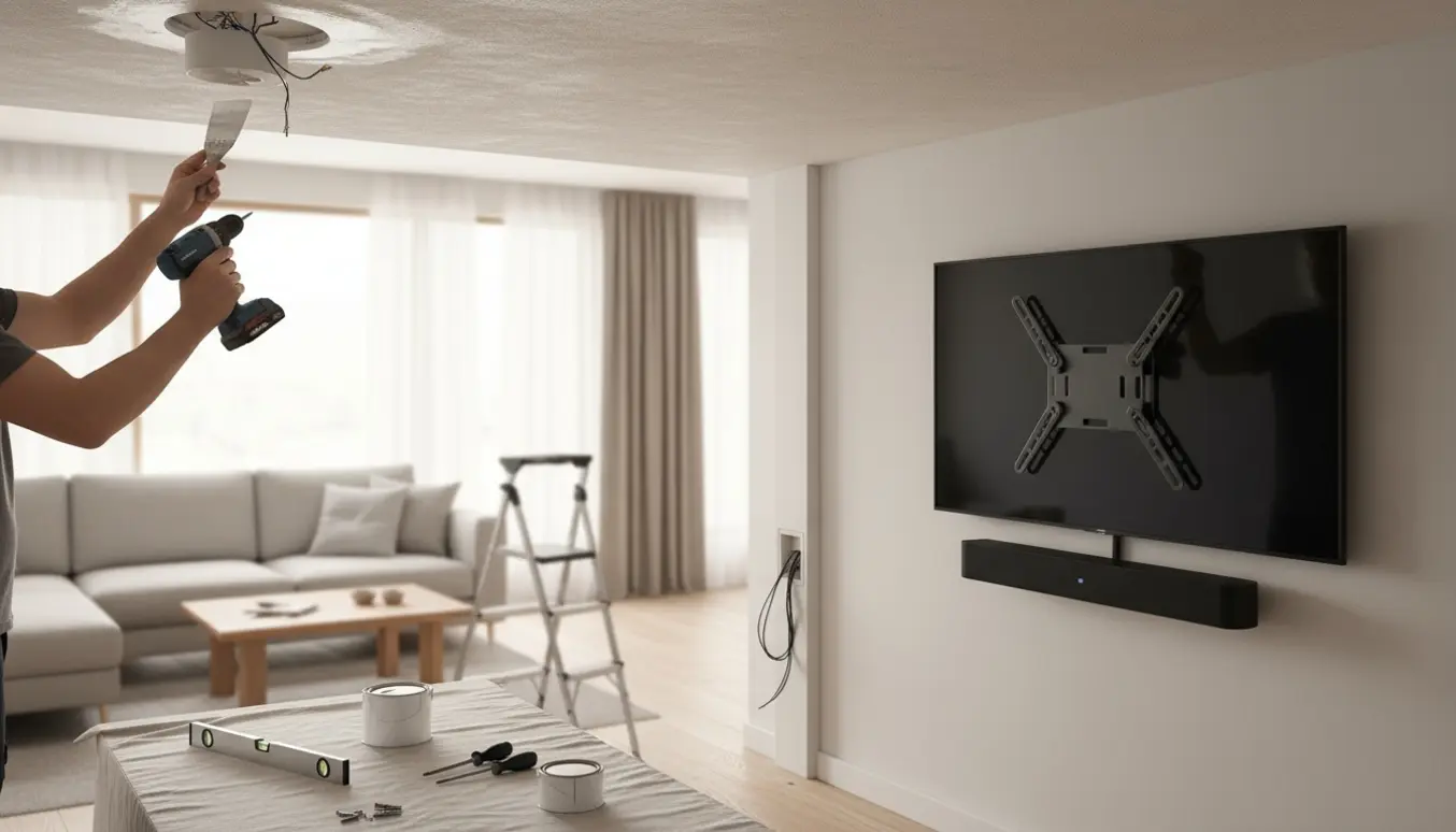 Hænder monterer loftlampe og vægbeslag til TV med en diskret soundbar og pænt skjulte ledninger.