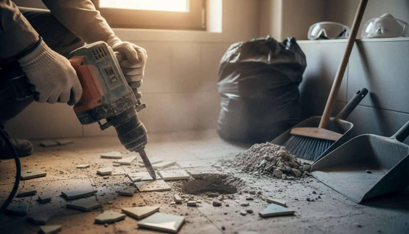 Nærbillede af fjernelse af fliser i et lille toilet med eksponeret beton, værktøj og affald klar til bortskaffelse.