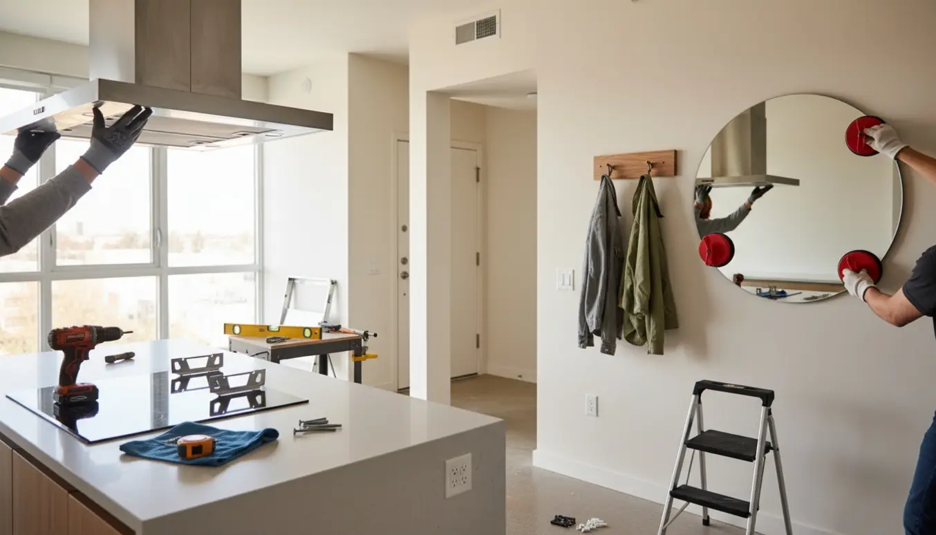 Hænder monterer emhætte, hænger et stort spejl og sætter en knage op i et åbent køkken.