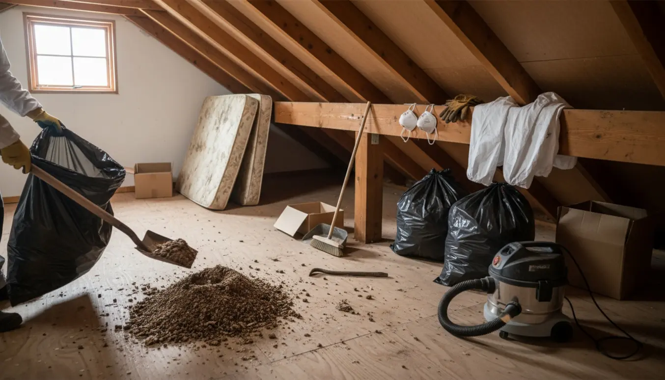 Loft med fugleklatter, gammel madras, affaldsposer og værktøj klar til oprydning.