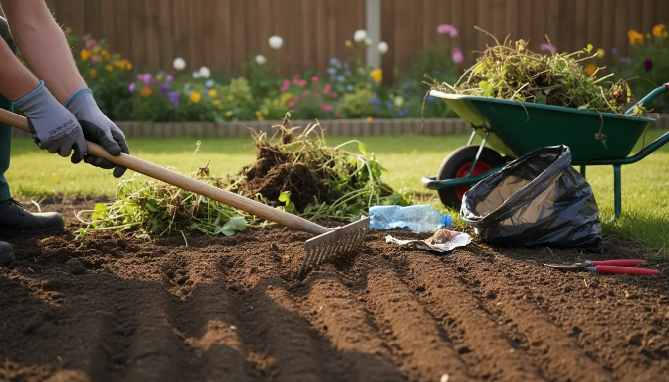 Nærbillede af oprydning i et lille haveområde med rive, handsker, beskærersaks og en bunke ukrudt og affald.