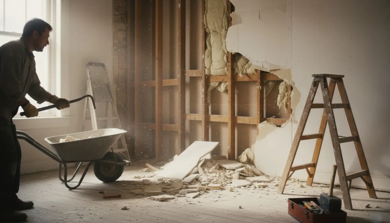 Indvendig nedbrydning i en lejlighed med handymand, der fjerner gipsvæg med kofot og værktøj spredt rundt.