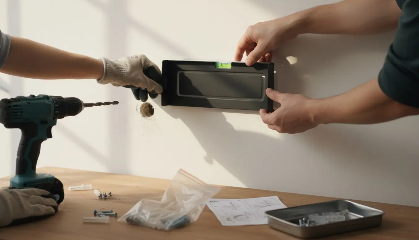 Hænder monterer en vægmonteret iPad-holder med boremaskine, rawlplugs og skruer.